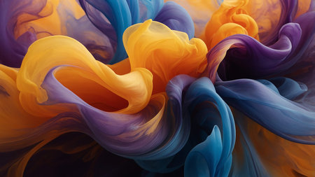This image features a captivating interplay of vibrant orange, blue, and purple clouds swirling on a...