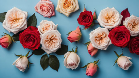 A beautiful arrangement of pink, red, and peach roses along with scattered petals on a blue background, creating a stunning floral frame perfect for stock images or backgrounds. AI generated imageの写真素材