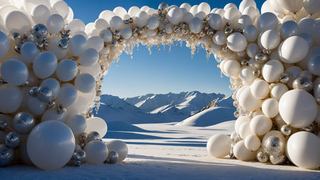 This image depicts a decorative arch made of white balloons in a snowy landscape, with barren trees...
