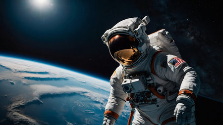 A lone astronaut drifts in space against the backdrop of the Earth, witnessing a breathtaking...