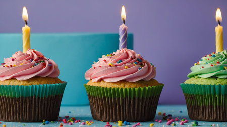 A collection of cupcakes with various frosting colors and lit candles on top, scattered sprinkles on...