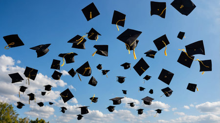 This image captures the joyous moment of graduation as numerous black graduation caps are tossed...