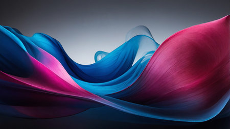 This abstract artwork features smooth, flowing waves of pink and blue hues blending seamlessly,...