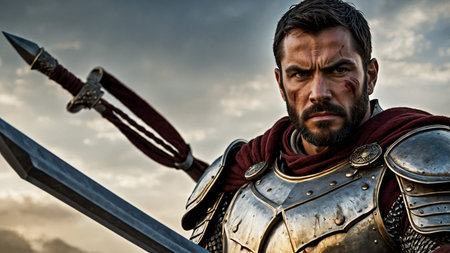 A brave medieval knight clad in shining armor and a red cape stands resolute, sword in hand, before a grand battle scene. The image portrays courage and heroism set in a historical context. AI generated imageの写真素材