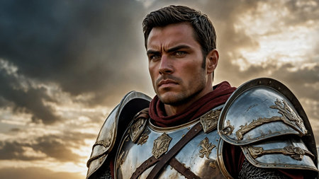 A brave medieval knight clad in shining armor and a red cape stands resolute, sword in hand, before a grand battle scene. The image portrays courage and heroism set in a historical context. AI generated imageの写真素材