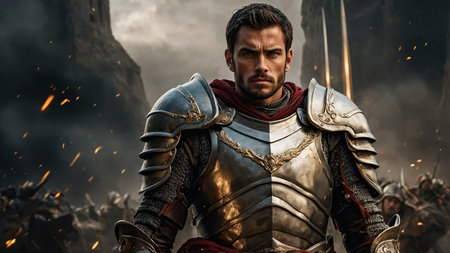 A brave medieval knight clad in shining armor and a red cape stands resolute, sword in hand, before a grand battle scene. The image portrays courage and heroism set in a historical context. AI generated imageの写真素材