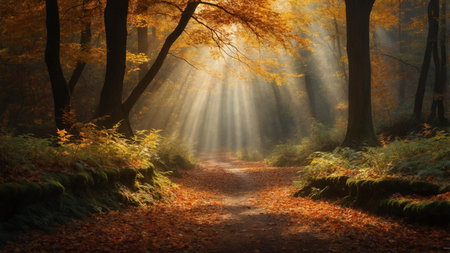 Sunlight filters through the trees in an enchanting autumn forest, highlighting the vibrant orange and green foliage on the forest floor and the serene pathway leading into the woods. AI generated imageの写真素材