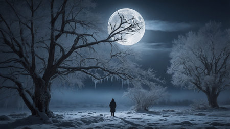This image depicts a solitary person standing in a snow-covered landscape under a full moon, surrounded by bare trees and icicles, evoking feelings of solitude and serenity on a cold winter's night. AI generated imageの写真素材