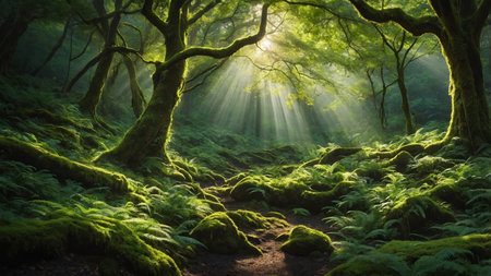 A serene and enchanting forest scene with sunlight streaming through tall, twisting trees, casting light on the moss-covered ground and rich green foliage, creating a mystical atmosphere. AI generated imageの写真素材