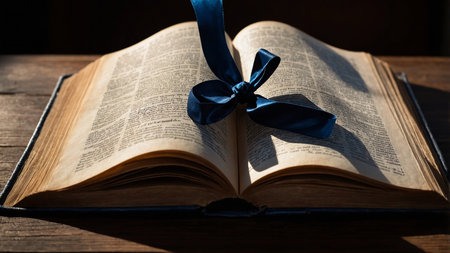 This image depicts an open book on a rustic wooden table, illuminated by a beam of light. The setup creates a warm, inviting ambiance perfect for readers and lovers of classic literature alike. AI generated imageの写真素材