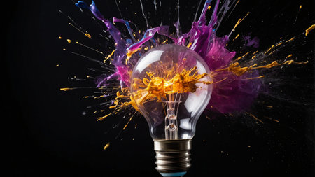 A glowing light bulb with intense electric filaments surrounded by splashes of blue and purple colors, symbolizing the burst of creativity and innovation in a dramatic visual setting. AI generated imageの写真素材
