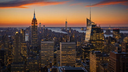 A stunning panoramic view of New York at sunset, showing its iconic skyline with a focus on the...