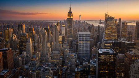 A stunning panoramic view of New York at sunset, showing its iconic skyline with a focus on the...