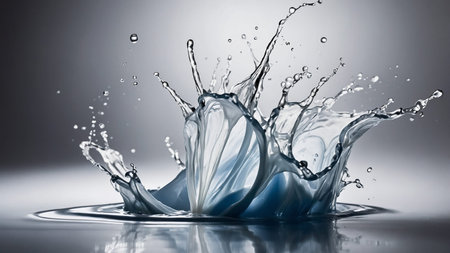 This image showcases a dramatic splash of water frozen in motion, with clear droplets and fluid...