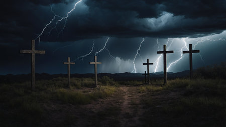 This image captures a dramatic, eerie scene of lightning illuminating crosses on a hill under a foreboding, stormy sky with powerful, dark clouds, evoking strong emotions and intensity. AI generated imageの写真素材