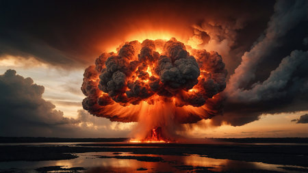 An incredibly powerful explosion creates a massive orange mushroom cloud over a tranquil lake, its fiery glow reflected on the water under a dark and ominous stormy sky, creating a dramatic scene. AI generated imageの写真素材