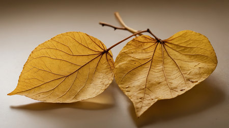 This image captures a close-up of yellow autumn leaves arranged aesthetically, showing intricately vein details against a smooth, neutral gray background, epitomizing nature's delicate artistry. AI generated imageの写真素材