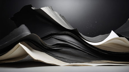 This abstract image showcases large, wavy sheets of black and white paper, creating a dynamic and...