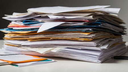 A substantial pile of papers and documents, in various colors and types, is stacked untidily,...