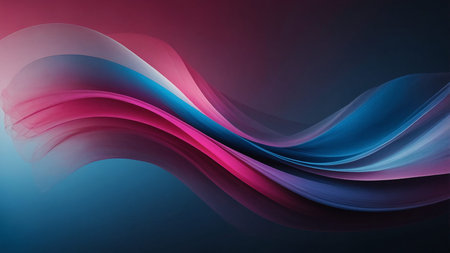 This image features vibrant, flowing waves of pink, blue, and orange colors set against a dark...