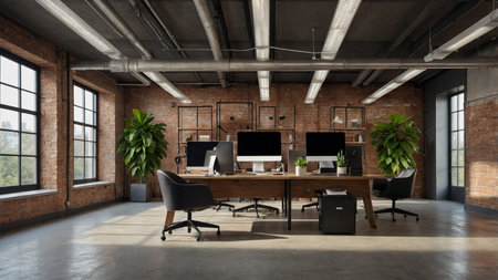 A contemporary office space featuring industrial design elements with exposed brick walls, large windows, lush plants, and wooden desks equipped with computers and office chairs. It embodies modern workspace design. AI generated imageの写真素材