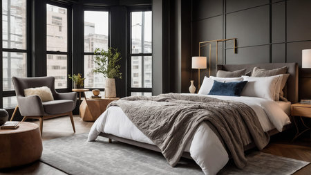 A contemporary bedroom design featuring a wooden bed frame, decorative pillows, cozy bedding, two stylish lamps on side tables, and a striking dark accent wall with a sophisticated ambiance. AI generated imageの写真素材