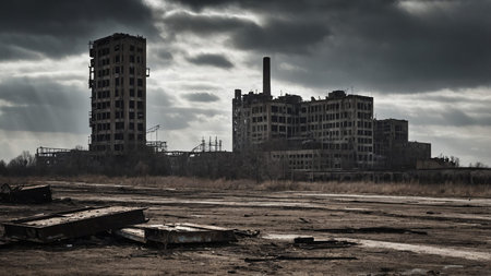 An abandoned industrial area stands ominously under a dark, cloud-filled sky, showcasing urban...