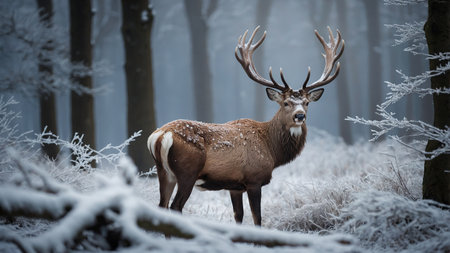 A majestic stag is captured standing in a winter forest with its antlers raised high, enveloped by snow-covered trees and illuminated by soft, ethereal sunlight filtering through the trees. AI generated imageの写真素材