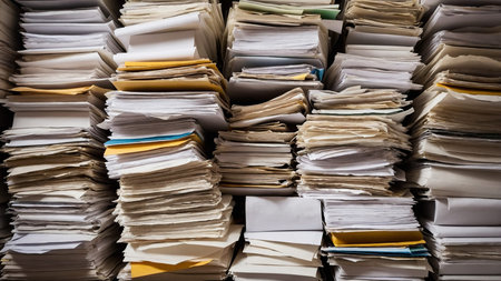 A substantial pile of papers and documents, in various colors and types, is stacked untidily,...