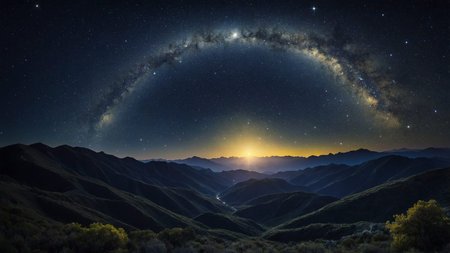 A mesmerizing view of a star-filled night sky with a prominent glowing celestial body, stunning Milky Way, and serene mountain range with a distant village illuminated in the night. AI generated imageの写真素材