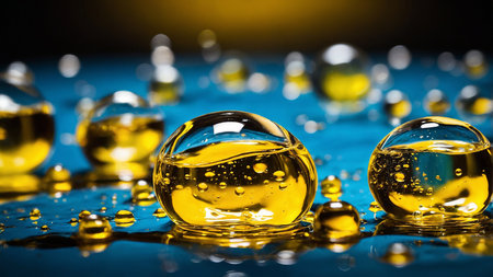 This image captures golden liquid bubbles of varying sizes suspended on a dark reflective surface, presenting an intriguing interplay of light and fluid dynamics, evoking a sense of wonder and beauty. AI generated imageの写真素材