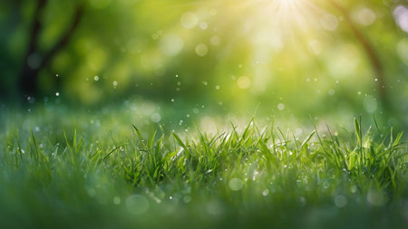 The image showcases abstract bokeh light effects on a gradient of green shades with bright sun rays,...