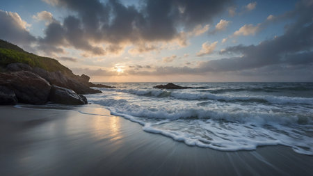 This serene landscape image captures the contrast between the sunlight piercing through heavy clouds...