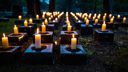 Cemetery scene at dusk with illuminated candles surrounding gravestones, highlighting tranquility...