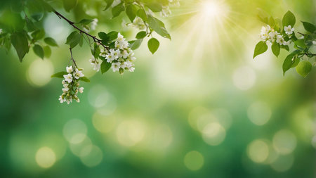 The image showcases abstract bokeh light effects on a gradient of green shades with bright sun rays,...