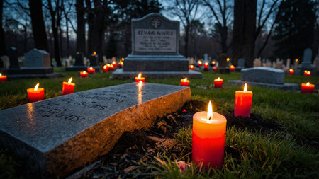 Cemetery scene at dusk with illuminated candles surrounding gravestones, highlighting tranquility and respect for the department in a serene, atmospheric setting with a dark blue sky in the background. AI generated imageの写真素材