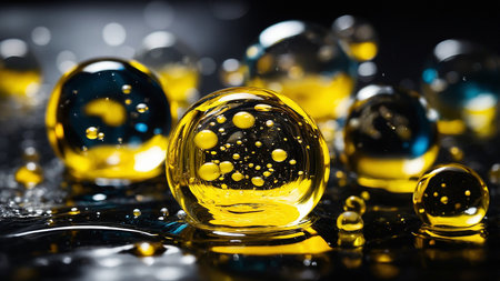 This image captures golden liquid bubbles of varying sizes suspended on a dark reflective surface, presenting an intriguing interplay of light and fluid dynamics, evoking a sense of wonder and beauty. AI generated imageの写真素材