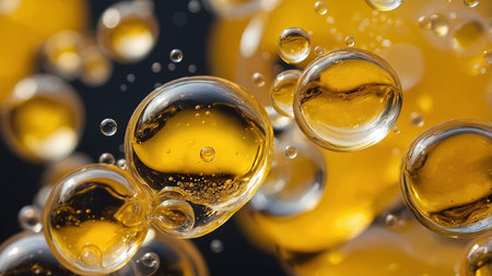 This image captures golden liquid bubbles of varying sizes suspended on a dark reflective surface,...