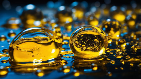 This image captures golden liquid bubbles of varying sizes suspended on a dark reflective surface, presenting an intriguing interplay of light and fluid dynamics, evoking a sense of wonder and beauty. AI generated imageの写真素材
