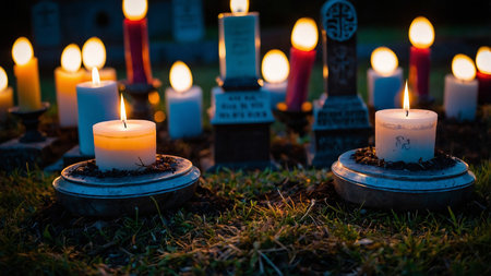 Cemetery scene at dusk with illuminated candles surrounding gravestones, highlighting tranquility and respect in a serene, atmospheric setting with a dark blue sky in the background. AI generated imageの写真素材