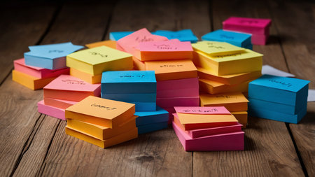 The image depicts a scattered pile of vibrant sticky notes, featuring assorted colors like pink, yellow, orange, blue, and green, spread out over a rustic wooden surface. It represents creativity and organization. AI generated imageの写真素材
