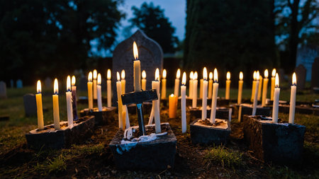 Cemetery scene at dusk with illuminated candles surrounding gravestones, highlighting tranquility and respect for the department in a serene, atmospheric setting with a dark blue sky in the background. AI generated imageの写真素材