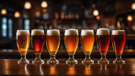 A row of eight variously colored and frothy craft beers in unique glasses, arranged on a wooden bar in a cozy, dimly lit pub setting, showcasing the diversity of craft brewing. AI generated imageの写真素材