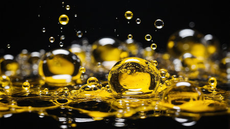 This image captures golden liquid bubbles of varying sizes suspended on a dark reflective surface, presenting an intriguing interplay of light and fluid dynamics, evoking a sense of wonder and beauty. AI generated imageの写真素材