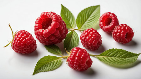 This image features a cluster of fresh, ripe raspberries surrounded by green leaves, beautifully...