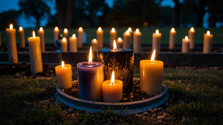 Cemetery scene at dusk with illuminated candles surrounding gravestones, highlighting tranquility and respect in a serene, atmospheric setting with a dark blue sky in the background. AI generated imageの写真素材