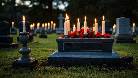 Cemetery scene at dusk with illuminated candles surrounding gravestones, highlighting tranquility and respect for the department in a serene, atmospheric setting with a dark blue sky in the background. AI generated imageの写真素材