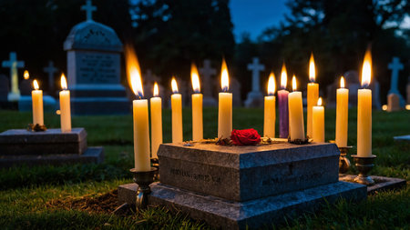 Cemetery scene at dusk with illuminated candles surrounding gravestones, highlighting tranquility and respect in a serene, atmospheric setting with a dark blue sky in the background. AI generated imageの写真素材