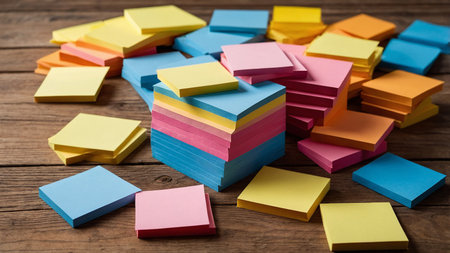 The image depicts a scattered pile of vibrant sticky notes, featuring assorted colors like pink, yellow, orange, blue, and green, spread out over a rustic wooden surface. It represents creativity and organization. AI generated imageの写真素材