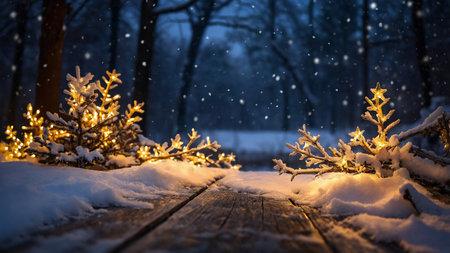 This image features a snow-covered path flanked by beautifully lit pine trees in a calm winter forest, with softly falling snowflakes creating a magical, peaceful atmosphere perfect for winter-themed designs. AI generated imageの写真素材